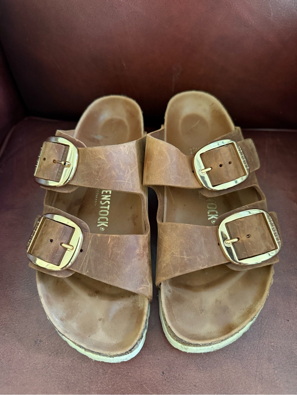 Birkenstock Big BuckleArizona TwoStrap Sandals in Chestnut Brown w/ Gold Buckles - Picture 2 of 5